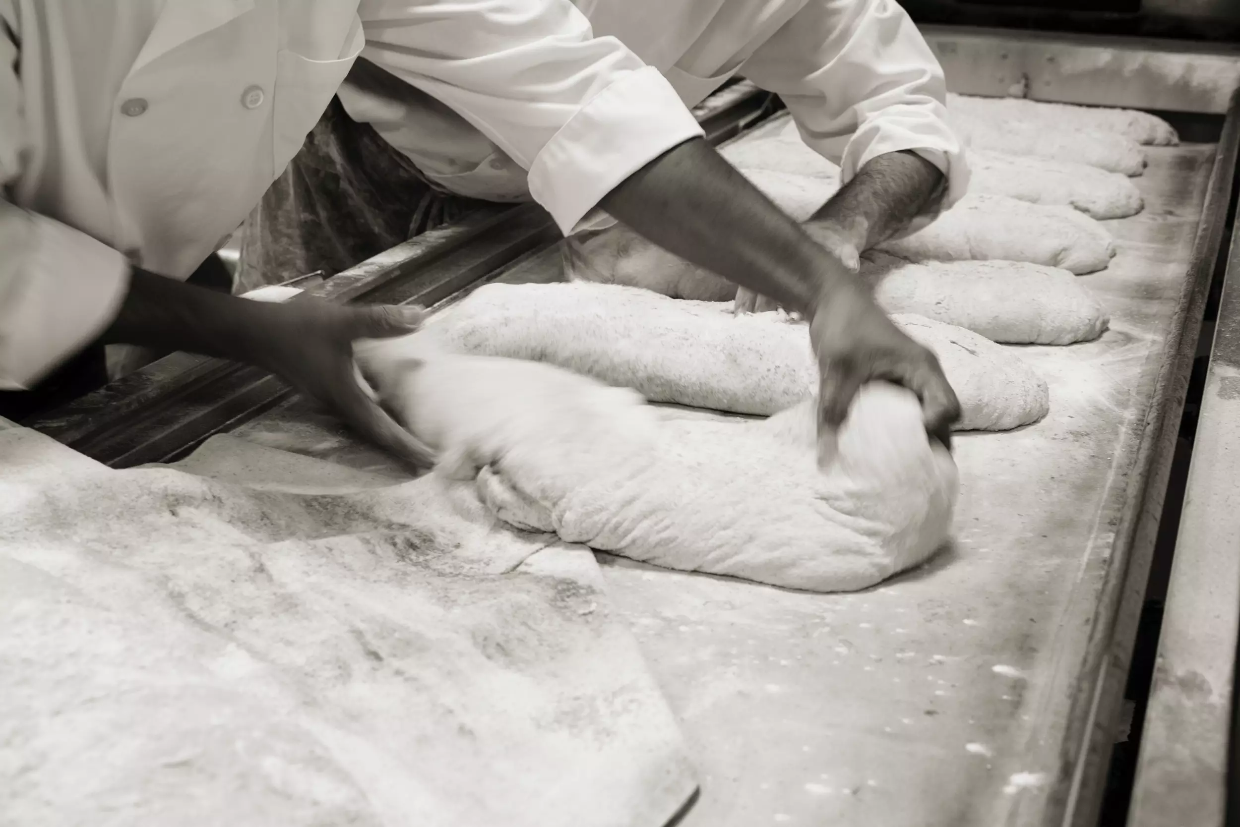 Baker's working bread dough into loaves